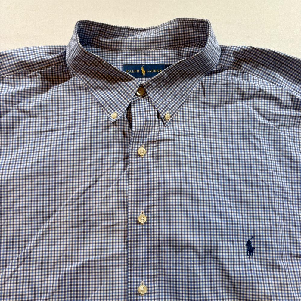 Polo Ralph Lauren Button Down Mens 3XB Big Blue White Gingham Cotton Long Sleeve
